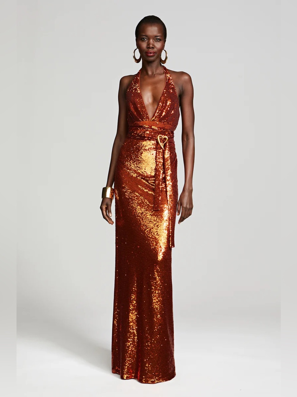 Halston Mio Copper Sequin Halter-Neck Gown
